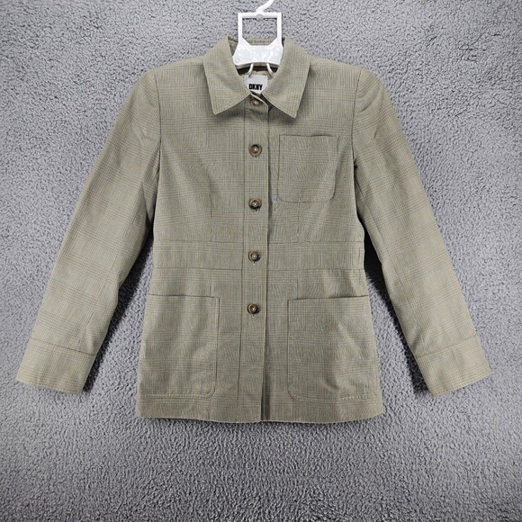 DKNY‎ size 4 Plaid Button-Front Walker Coat Shoulder Pad Greenish Brown Tone - Picture 1 of 14